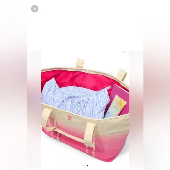 NWT Victoria’s Secret Ombré Beach Tote Bag Pink & Cream Canvas - Picture 2 of 6